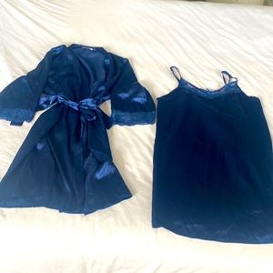 Womens royal blue silk PJ dress and matching silk robe